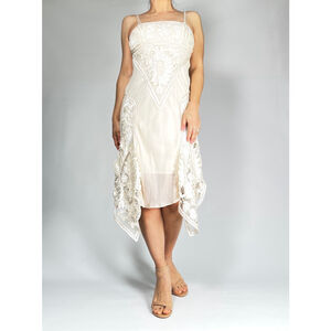 SUE WONG Dress Silk Embroidery Crochet Vintage Ivory Color Slip Dress RN6970
